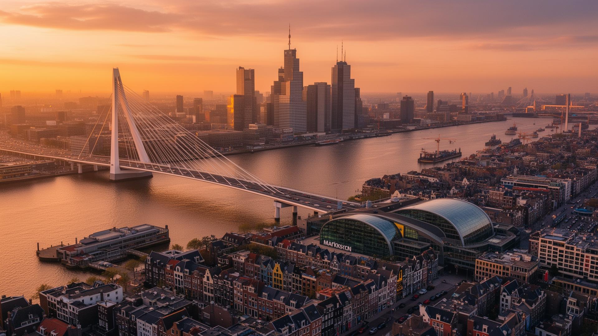 Rotterdam skyline met de Erasmusbrug bij zonsondergang