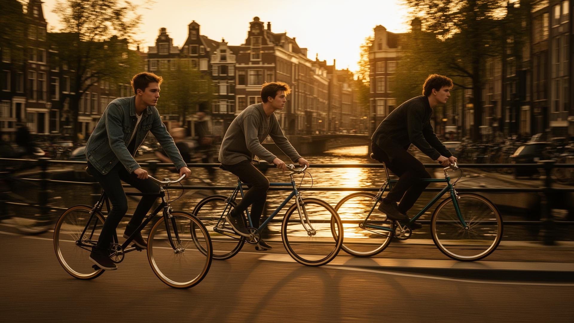 Jonge fixie-rijders in Amsterdam bij zonsondergang